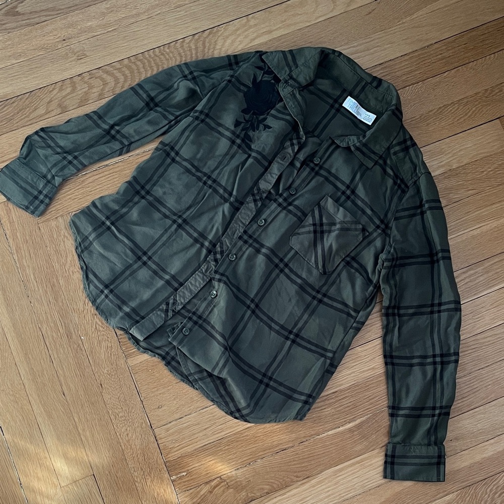 Time and Tru Olive and Black Plaid Shirt